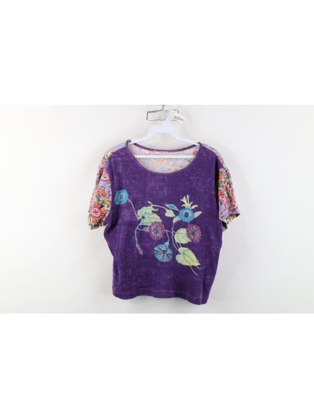 Vtg 90s Streetwear Womens XL Babydoll Cropped Beaded Flower Ribbed Knit T-Shirt